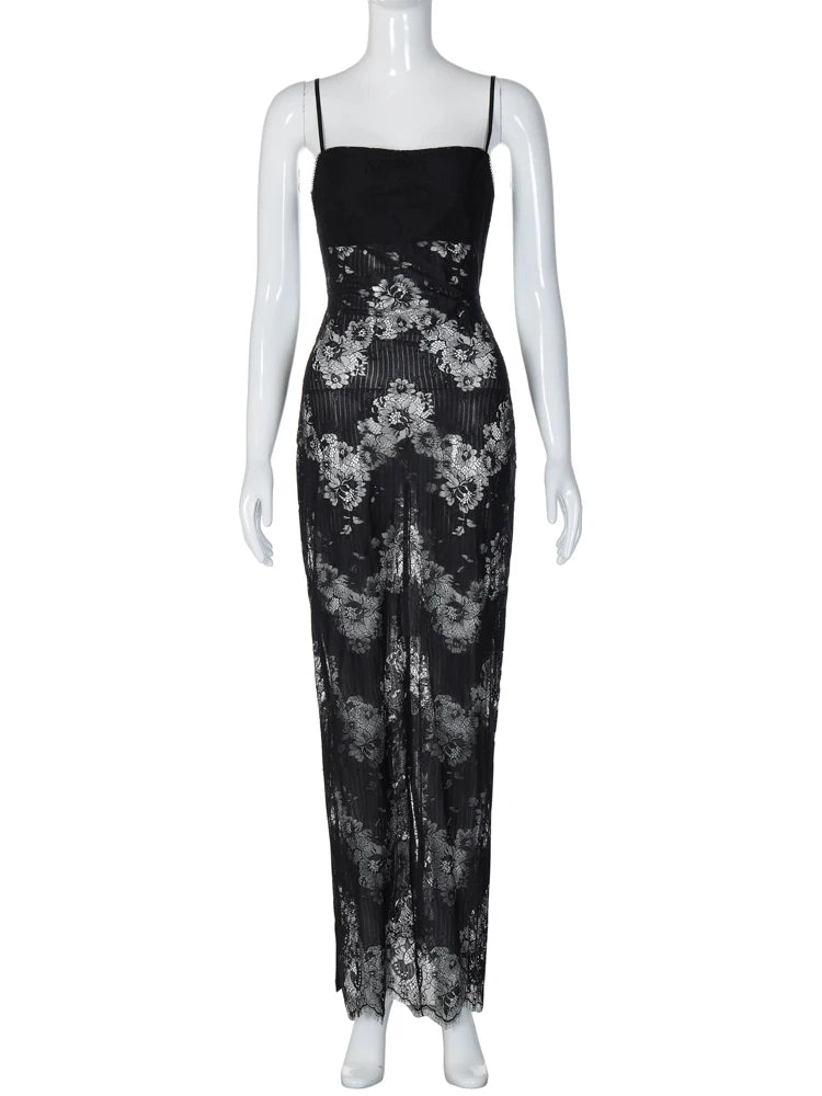 Black Slip Backless Floral Print Patchwork Lace Sexy Bodycon Maxi Dress 2025 Spring Party Club Vacation Clothes