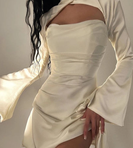 Long Sleeve Satin Dress White Sexy Evening Wedding Guest Night Dress Party Dress Draped Mini Birthday Dress For Women 2022 lined
