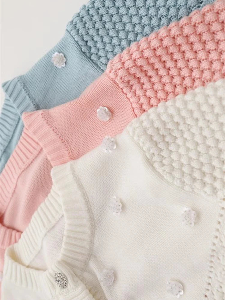 Autumn Women 3D Small Flower Knit Crop Cardigan Vintage Short Knitwear Long sleeve Single-breasted Buttons Sweater C-155