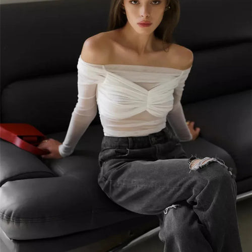 Load image into Gallery viewer, Summer Mesh Off-shoulder T-shirt Women Fashion Pleated Bust Backless Tees Tops Female Elegant Strapless See Through Top
