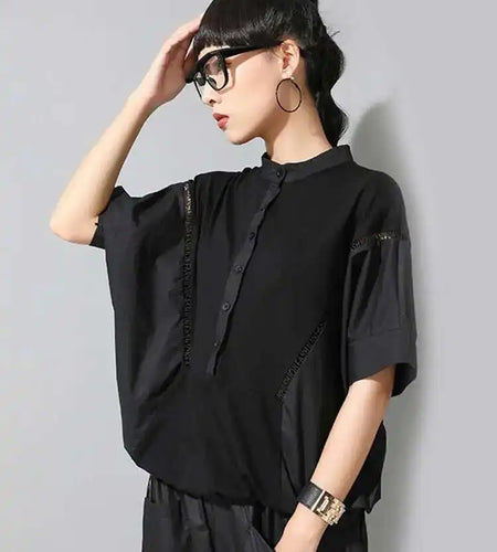 Women Black Color-block Big Size T-shirt New Stand Collar Half Batwing Sleeve Fashion Tide Spring Summer 2025 1DE9318