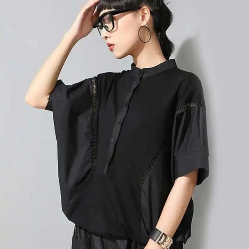 Load image into Gallery viewer, Women Black Color-block Big Size T-shirt New Stand Collar Half Batwing Sleeve Fashion Tide Spring Summer 2025 1DE9318
