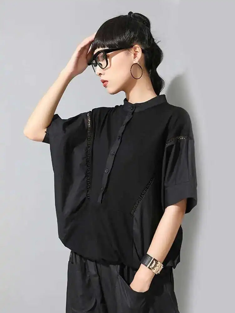Women Black Color-block Big Size T-shirt New Stand Collar Half Batwing Sleeve Fashion Tide Spring Summer 2025 1DE9318