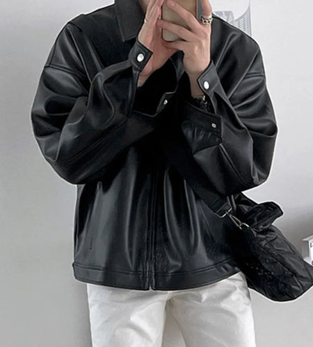 PU Leather Men's Coats Lapel Solid Color High Street Loose Clothing Zipper Casual New Trendy Male Jackets 2024 9C9001