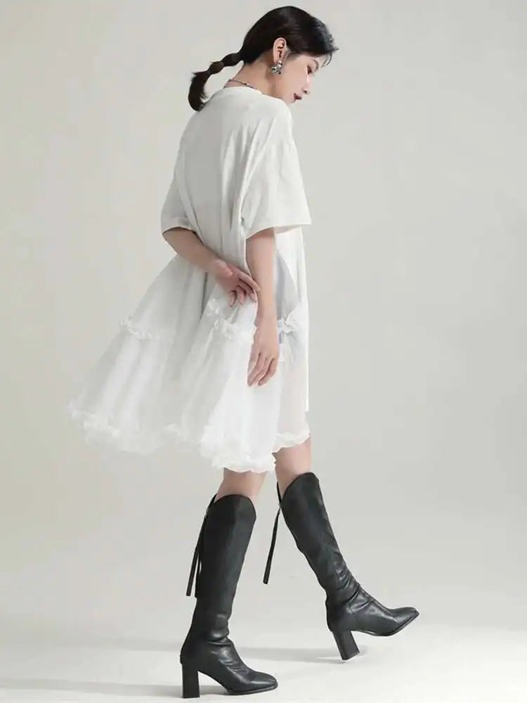 Women Black Ruffles Irregular Big Size Mini Dress New Round Neck Short Sleeve Fashion Tide Spring Summer 2025 1DH9574