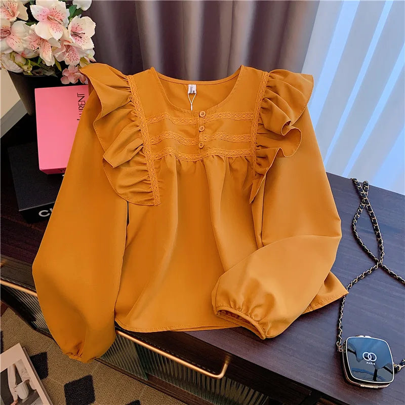Vintage French White Elegant Loose Button Party Shirt Sweet Long Sleeves Ruffles O Neck Tops Women Orange Office Lady Blouse New