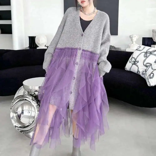 Load image into Gallery viewer, Women Black Big Size Knitting Mesh Irregular Sweater Dress New V-Neck Long Sleeve Fashion Spring Autumn 2025 1DH2366
