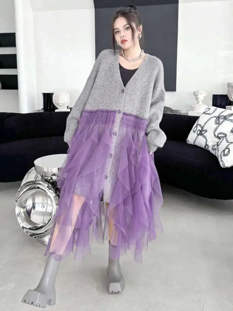 Women Black Big Size Knitting Mesh Irregular Sweater Dress New V-Neck Long Sleeve Fashion Spring Autumn 2025 1DH2366