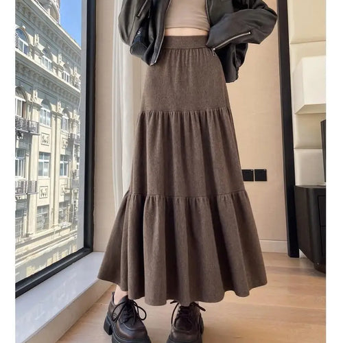 Load image into Gallery viewer, Vintage Women Solid High Waist Versatile Pleated A-line Long Skirts 2024 Autumn Winter French Sweet Cake Knit Skirt Streetwear
