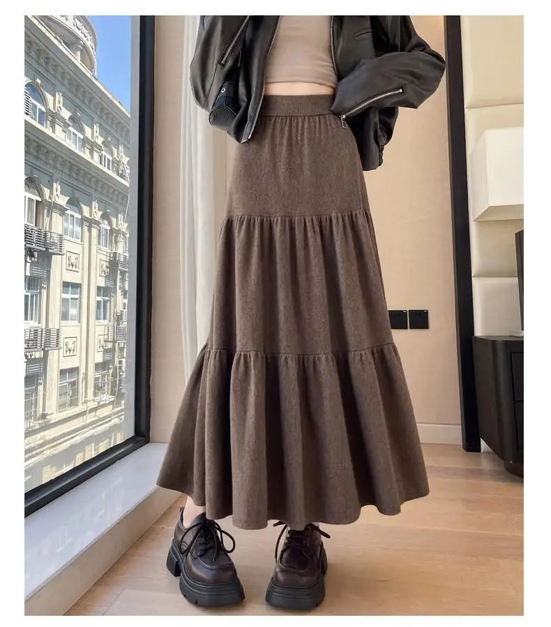 Vintage Women Solid High Waist Versatile Pleated A-line Long Skirts 2024 Autumn Winter French Sweet Cake Knit Skirt Streetwear