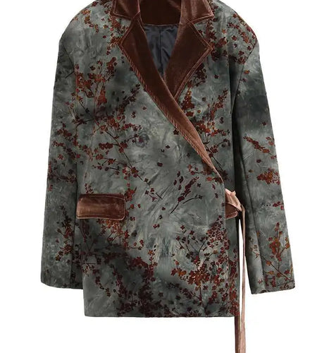 Women Green Flocking Bandage Big Size Vintage Blazer New Lapel Long Sleeve Jacket Fashion Tide Spring Autumn 2025 CPG1129