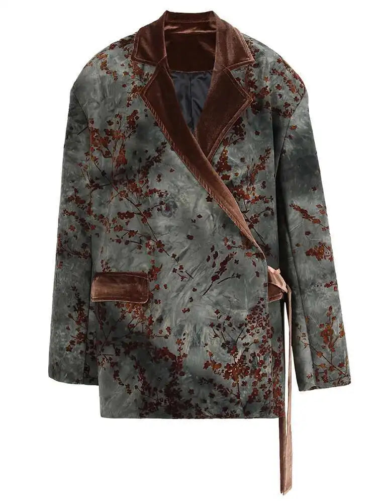 Women Green Flocking Bandage Big Size Vintage Blazer New Lapel Long Sleeve Jacket Fashion Tide Spring Autumn 2025 CPG1129