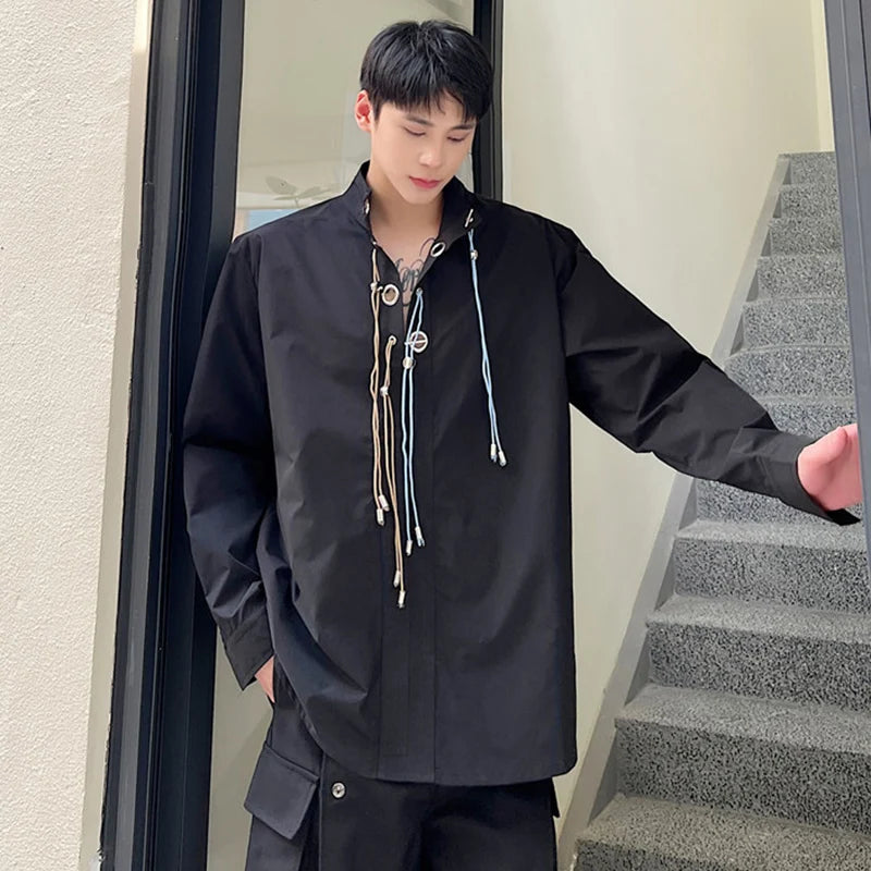 Male Shirts New Niche Design Buckle Rope Decoration Long Sleeved Shirt Trendy Casual Solid Color Stand Collar Top 9W1282