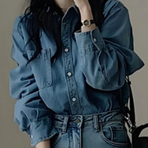 Load image into Gallery viewer, Blue Polo Denim Women Shirt Solid Color Chic Streetwear Single Breasted French Style Straight Loose Pockets Female Shirts
