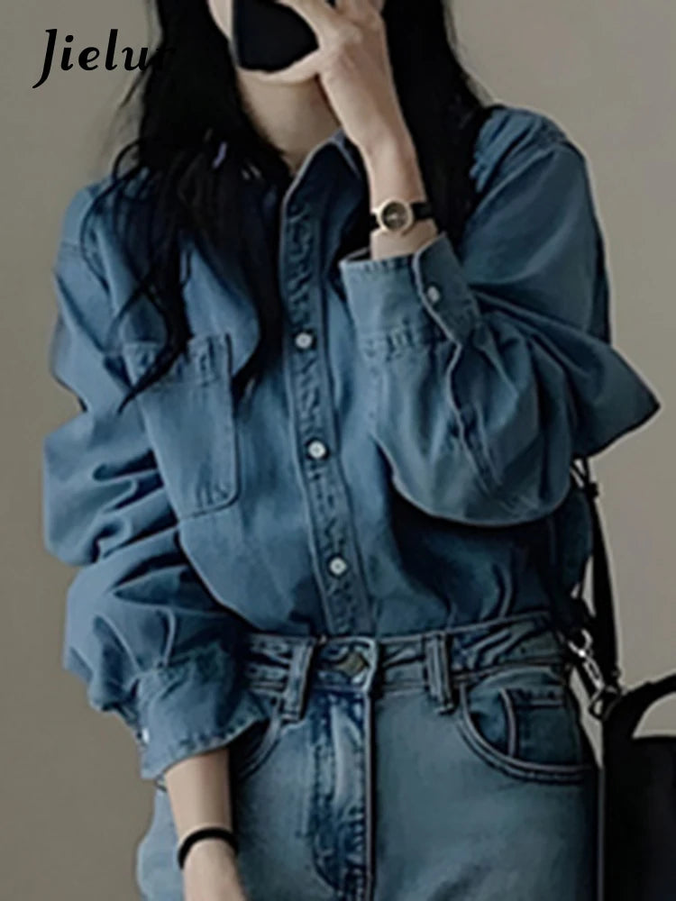 Blue Polo Denim Women Shirt Solid Color Chic Streetwear Single Breasted French Style Straight Loose Pockets Female Shirts