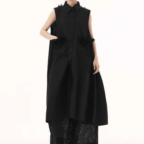 Load image into Gallery viewer, Women White Mesh Color-block Backless Big Size Shirt Dress New Lapel Sleeveless Fashion Tide Spring Summer 2025 1DH9518
