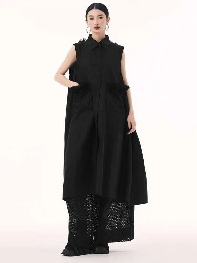 Women White Mesh Color-block Backless Big Size Shirt Dress New Lapel Sleeveless Fashion Tide Spring Summer 2025 1DH9518