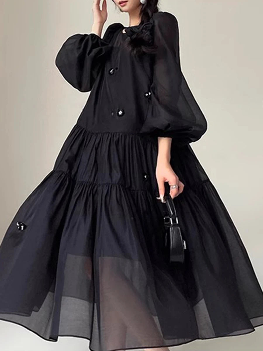 Solid Spliced Sequines Loose Dresses For Women O Neck Long Sleeve High Waist Temperament Dress Female Fashion New