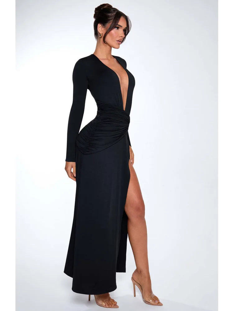 Elegant Re High Slit Bodycon Party Club Evening Dress Female Sexy Deep V Slimming Autumn/Winter 2025 New Women Vestdos