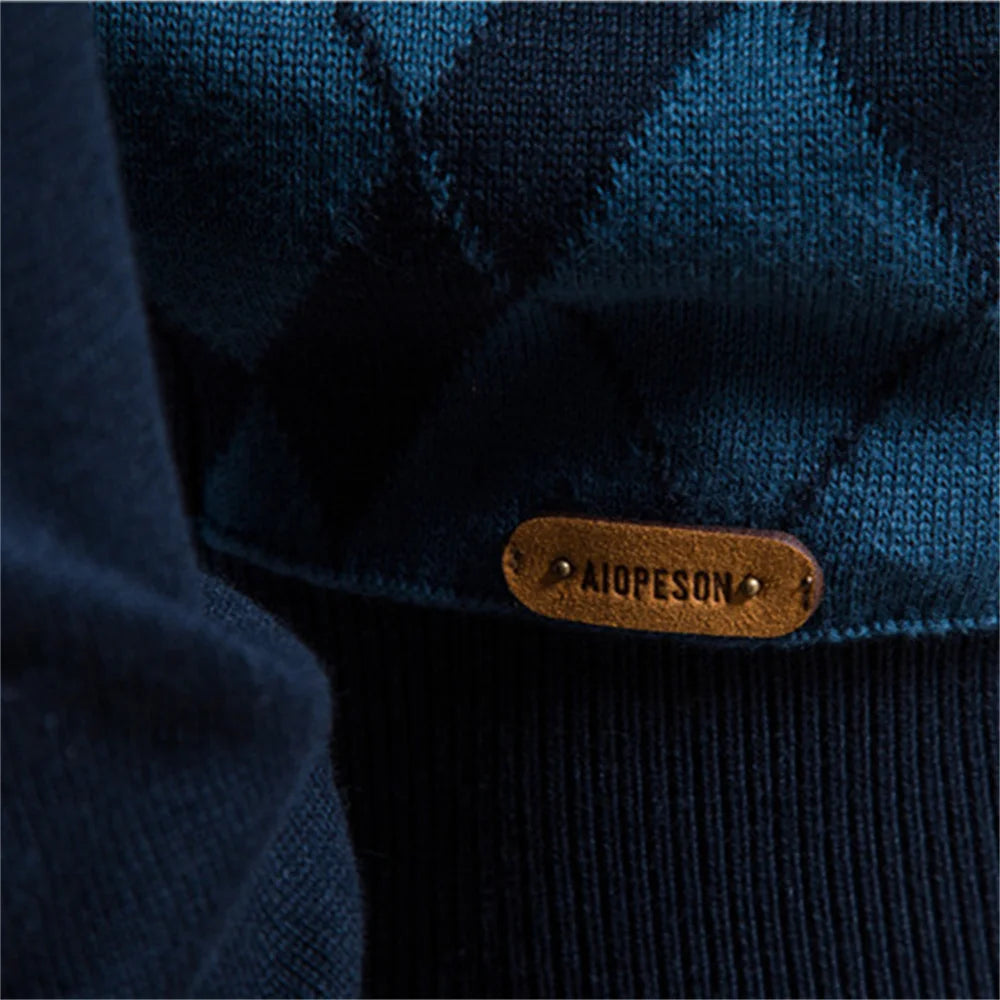 Argyle Men Sweaters Cotton Mock Neck Zipper Patchwork Pullover Men Winter High Quality Fashion Warm Sweaters for Men