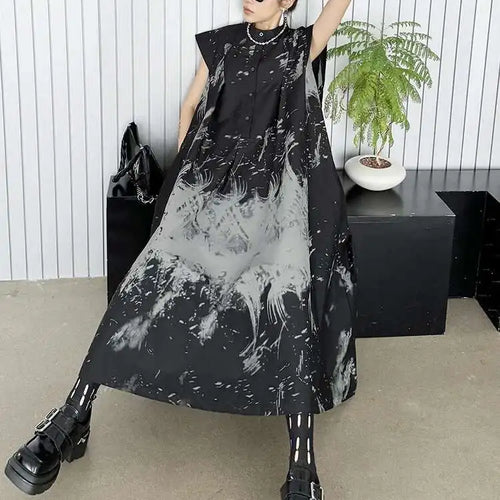 Load image into Gallery viewer, Women Black Pattern Printed Big Size Midi Shirt Dress New Stand Collar Sleeveless Fashion Tide Spring Summer 2025 1DH5837
