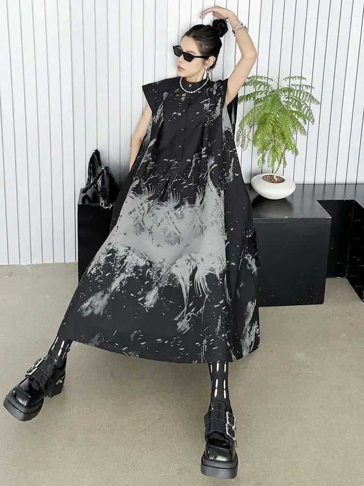 Women Black Pattern Printed Big Size Midi Shirt Dress New Stand Collar Sleeveless Fashion Tide Spring Summer 2025 1DH5837