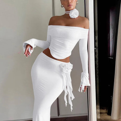 Load image into Gallery viewer, Elegant Halter 3D Flower Two Piece Sets Women Fashion Off-shoulder Tops And Maxi Skirt Matching Sets Bodycon Sexy Dress
