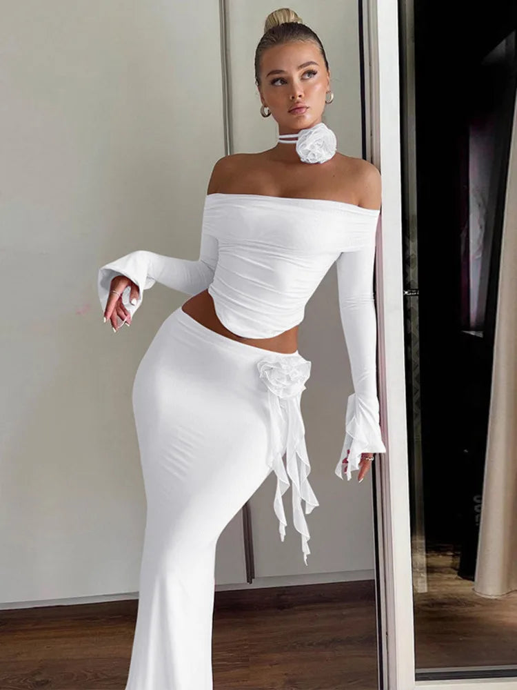 Elegant Halter 3D Flower Two Piece Sets Women Fashion Off-shoulder Tops And Maxi Skirt Matching Sets Bodycon Sexy Dress