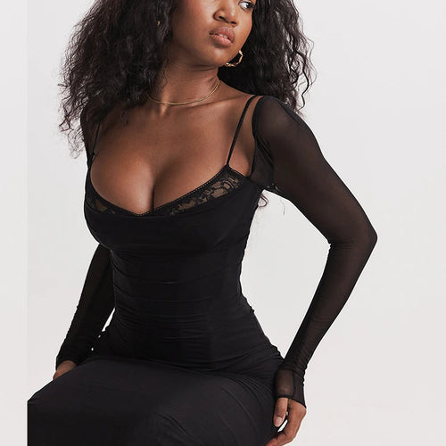 Load image into Gallery viewer, Elegant Sheer Long Sleeve Bodycon Maxi Dress For Women Fashion Mesh Black Strapless Backless Club Party Sexy Dress
