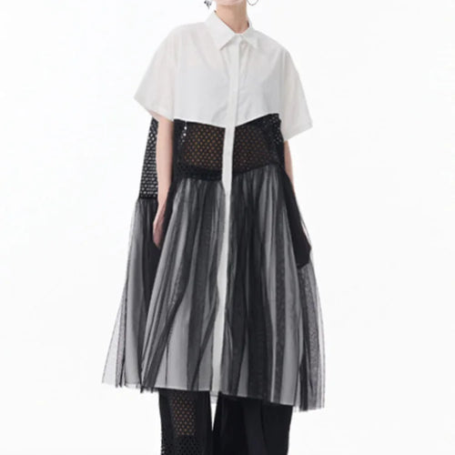 Load image into Gallery viewer, Women White Mesh Color-block Big Size Midi Shirt Dress New Lapel Short Sleeve Fashion Tide Spring Summer 2025 1DJ0045
