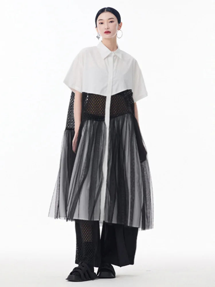 Women White Mesh Color-block Big Size Midi Shirt Dress New Lapel Short Sleeve Fashion Tide Spring Summer 2025 1DJ0045