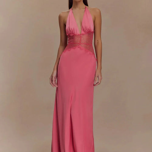 Load image into Gallery viewer, Summer Backless Sexy Maxi Dress Women Gown Patchwork Lace Halter Deep V Neck Sleeveless High Waist Elegant Long Dress
