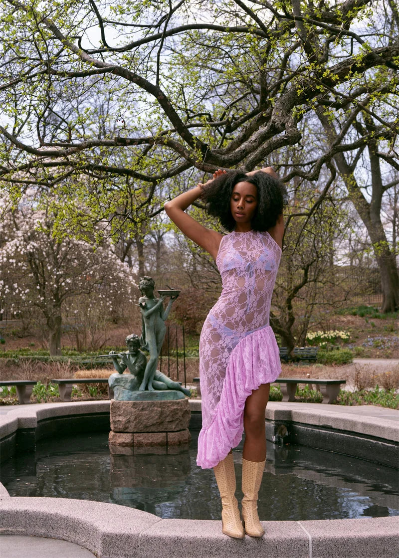 Lace See Through Ruffle Sexy Midi Dress Women Gown Summer Fashion High Waist Slim Thigh High Split Elegant Long Dress