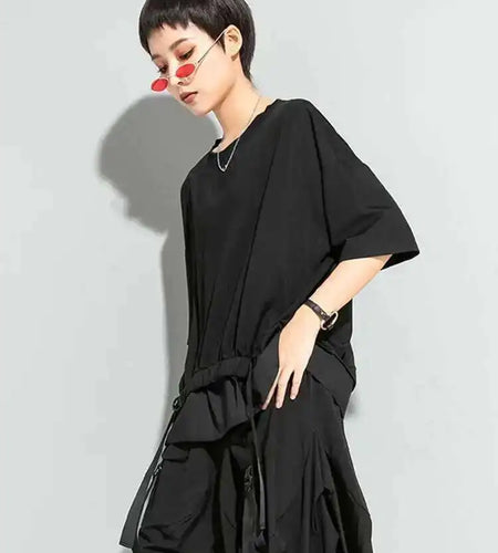 Women Black Irregular Ribbon Big Size T-shirt New Round Neck Half Sleeve  Fashion Tide  Spring Summer 2025 1DD5759