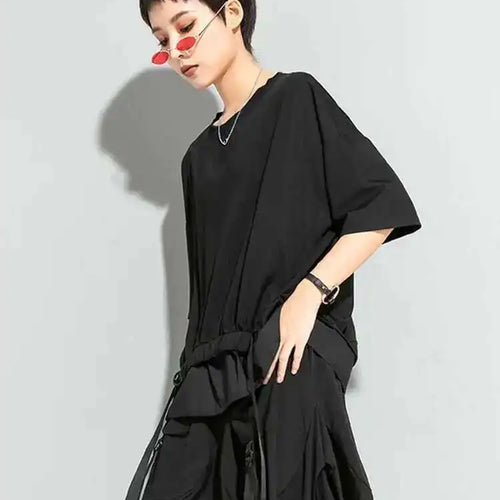 Load image into Gallery viewer, Women Black Irregular Ribbon Big Size T-shirt New Round Neck Half Sleeve  Fashion Tide  Spring Summer 2025 1DD5759
