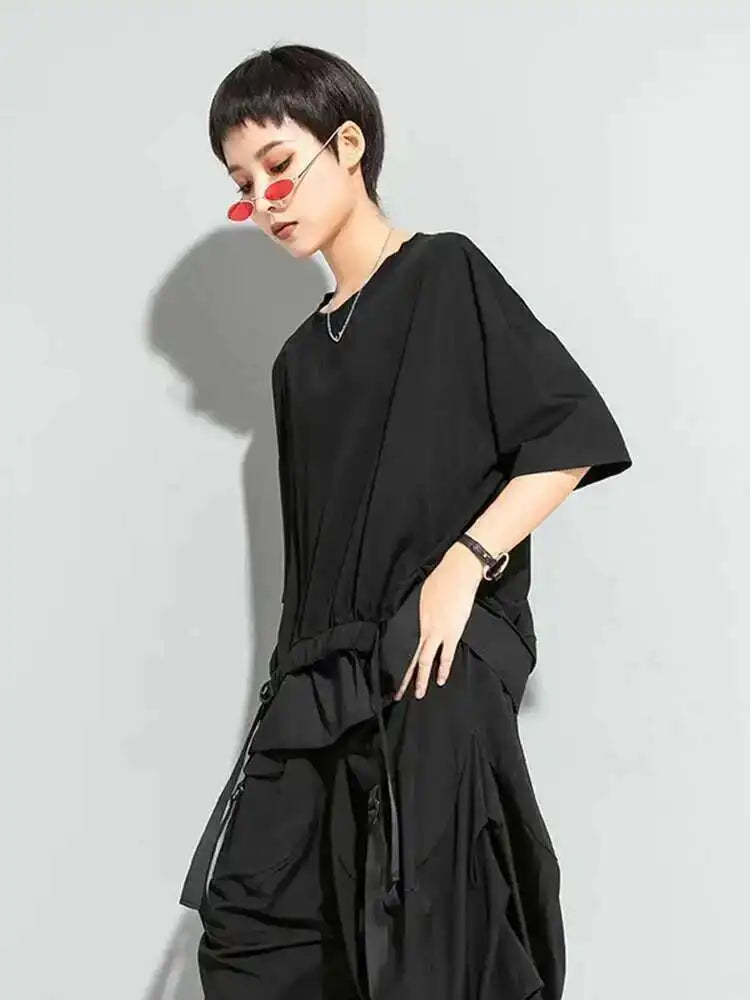 Women Black Irregular Ribbon Big Size T-shirt New Round Neck Half Sleeve  Fashion Tide  Spring Summer 2025 1DD5759