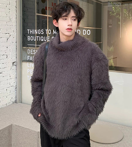 Turtleneck Men Sweaters Pullover New Stylish Plush Solid Color Clothing Male Knitting Tops Korean Style Winter 2024 9C4144