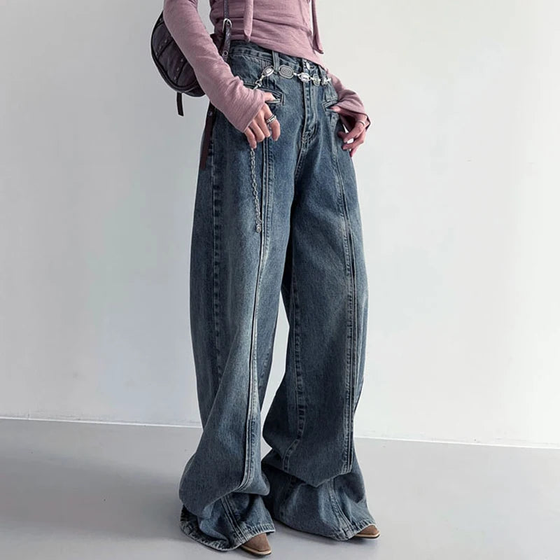 Streetwear Vintage Stitching Baggy Jeans for Women Harajuku Distressed Wide Leg Trousers Denim Basic Preppy Style New