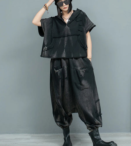 Big Size Sweatshirt Cross Pants Two Piece Suit New Hooded Short Sleeve Women Fashion Tide Spring Autumn 2025  1DH9474