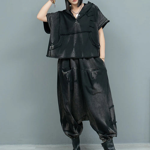 Load image into Gallery viewer, Big Size Sweatshirt Cross Pants Two Piece Suit New Hooded Short Sleeve Women Fashion Tide Spring Autumn 2025  1DH9474
