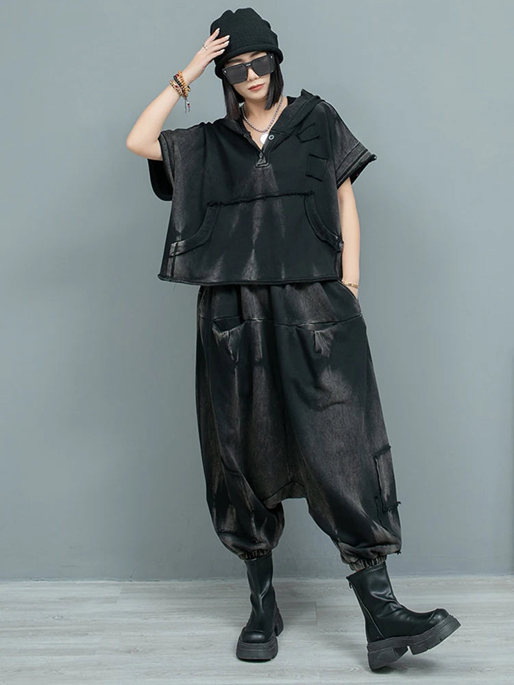 Big Size Sweatshirt Cross Pants Two Piece Suit New Hooded Short Sleeve Women Fashion Tide Spring Autumn 2025  1DH9474