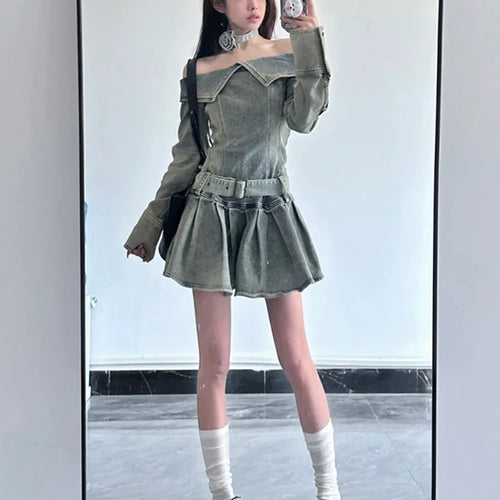 Load image into Gallery viewer, American Vintage Chic Slash Neck Long Sleeved Female Mini Dress Spring Basic Washed Fashion Denim Casual Simple Women Sexy Dress
