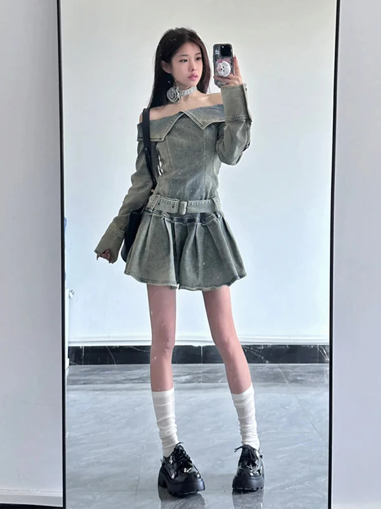 American Vintage Chic Slash Neck Long Sleeved Female Mini Dress Spring Basic Washed Fashion Denim Casual Simple Women Sexy Dress