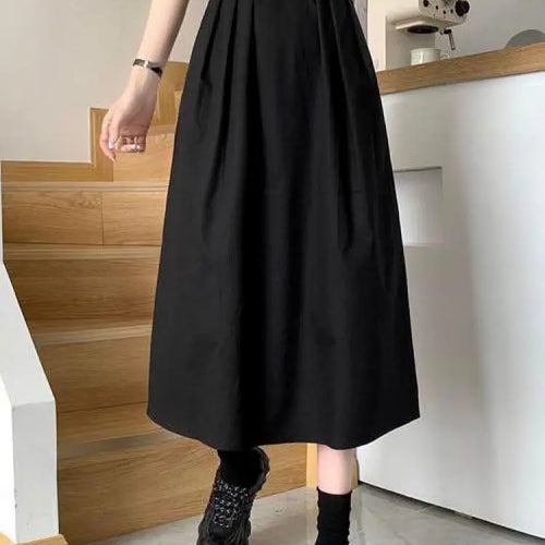Load image into Gallery viewer, Spring Summer Women Solid Pockets Skirts Vintage High Waist Elastic Chic Long Cake A-line Versatile Mid Length Skirt For Student
