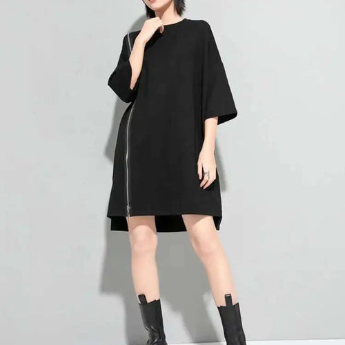 Load image into Gallery viewer, Women Black Zipper Big Size Dress New Round Neck Three-quarter Sleeve Loose Fit Fashion Tide Spring Autumn 2025 1DF5283
