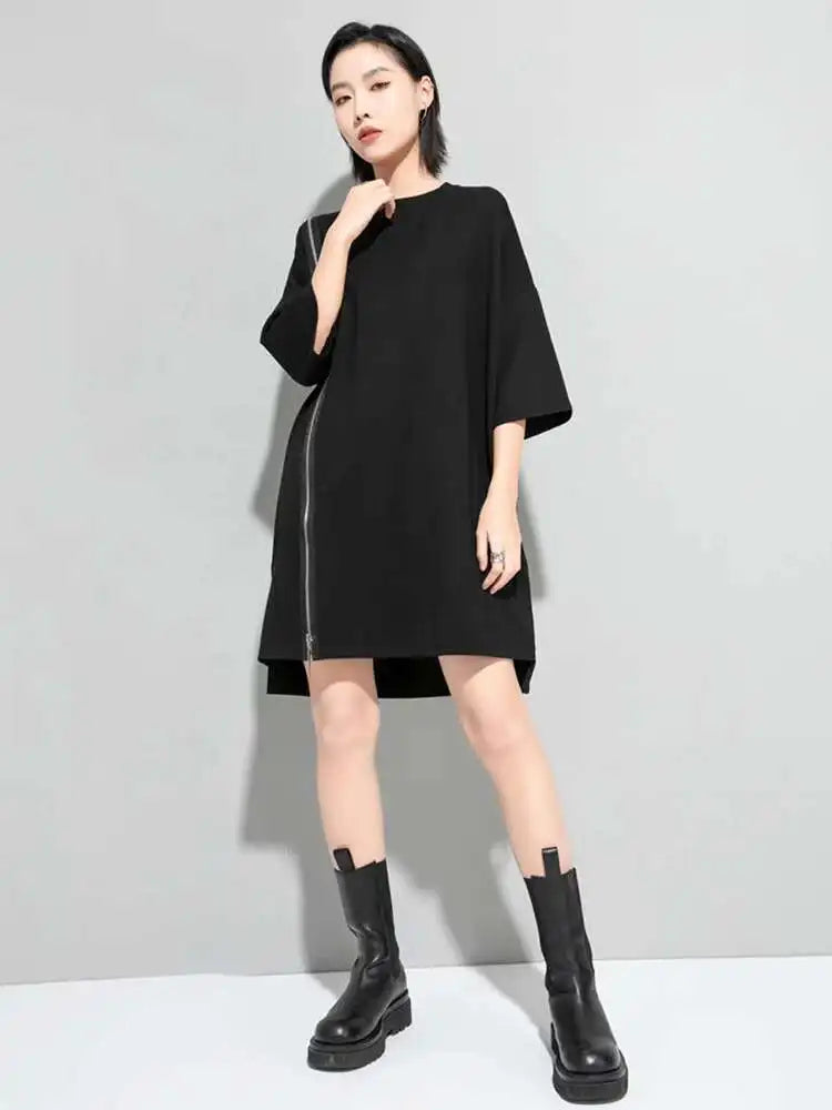 Women Black Zipper Big Size Dress New Round Neck Three-quarter Sleeve Loose Fit Fashion Tide Spring Autumn 2025 1DF5283
