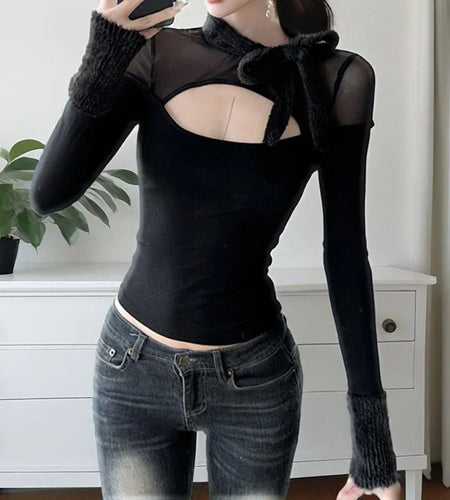Coquette Top y2k Clothes Women Solid Color Sheer See Through Round Neck Long Sleeve Mesh T Shirt with Bow Streetwear