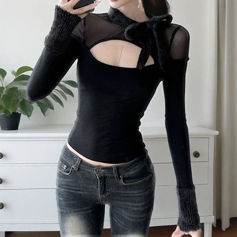 Coquette Top y2k Clothes Women Solid Color Sheer See Through Round Neck Long Sleeve Mesh T Shirt with Bow Streetwear