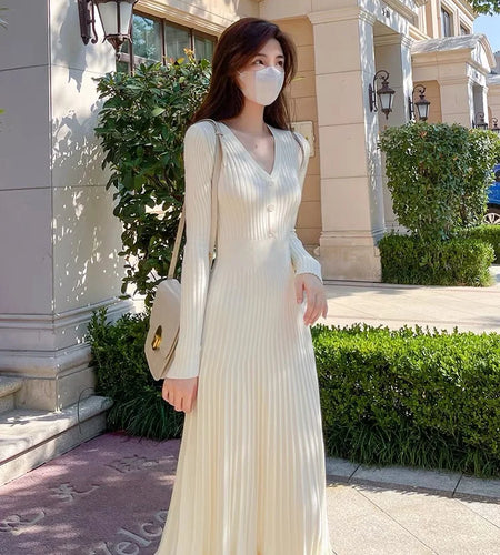Vintage Korean White Knitted Pleated Dress Office Lady Long Sleeve Slim Sweater Dresses Elegant Midi Party Dress Autumn 2023 New