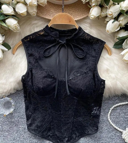 New Chinese Style Vintage Women Black Lace Elegant Sleeveless Tops Summer Sexy Club Vacation Asymmetric Bandage Vest Clothing